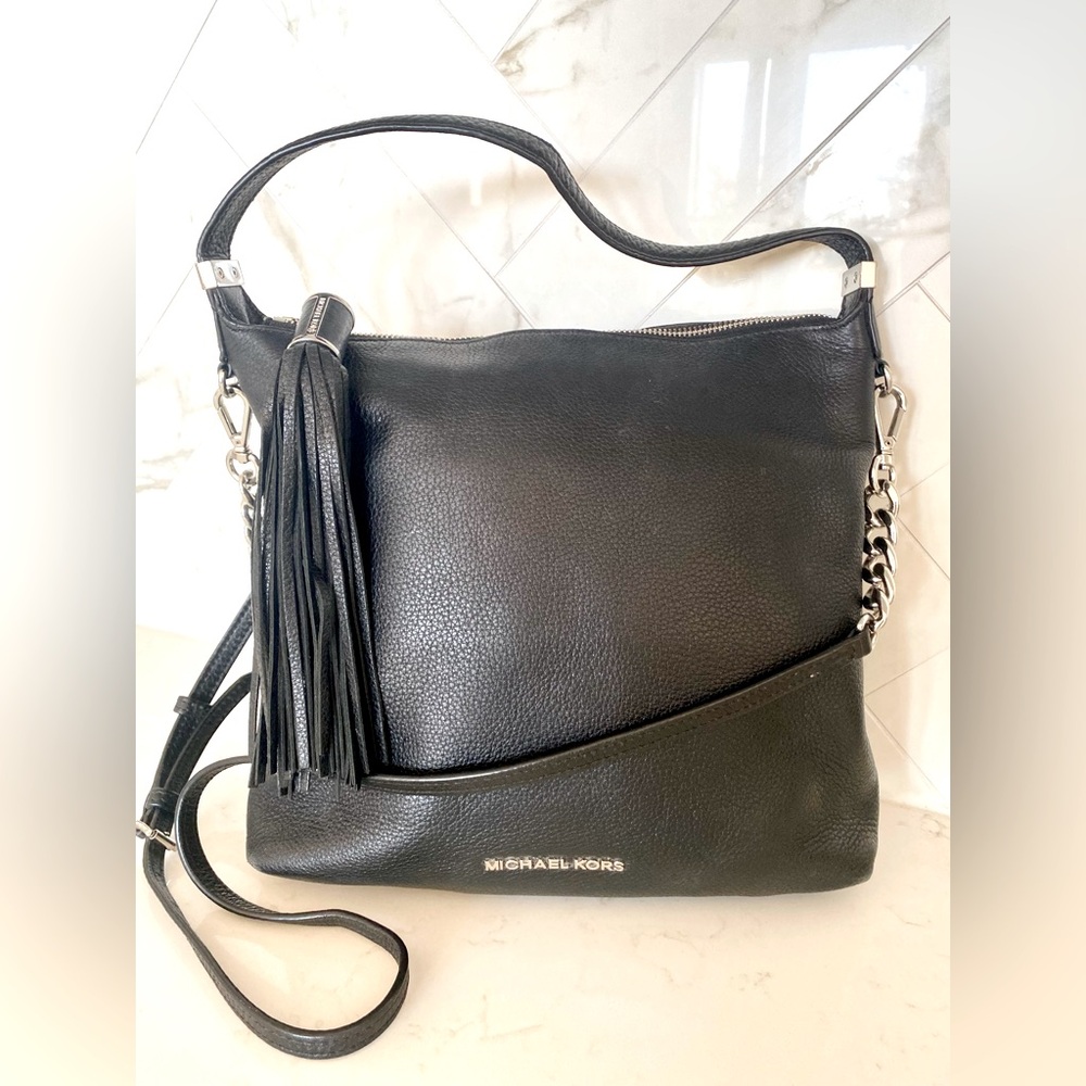 Michael Kors Black Leather Bedford Tassel Zip Top Bag